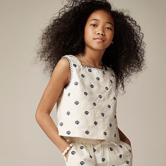 J crew Girls' embroidered squareneck crop top in linen blend - Picture 1 of 6
